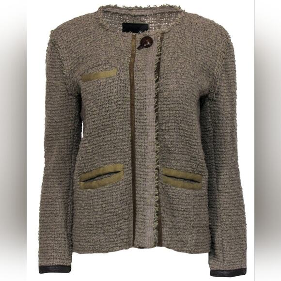 Isabel Marant Taupe Boucle Tweed Woven Snap Button Leather Trim Coat Jacket 0 - Picture 1 of 16